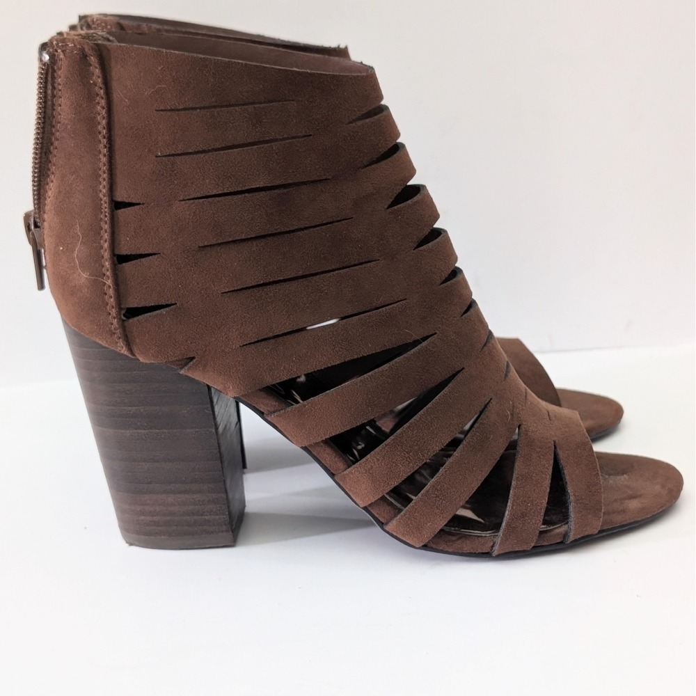 Carlos by Carlos Santana Polly Brown Caged Block Heel Sandals 7.5M Laser Cut